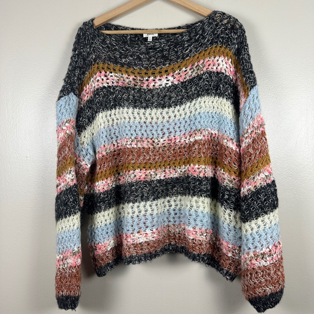 BKE Women's L Sweater Multicolor Striped Open Knit Relaxed Fit Boho